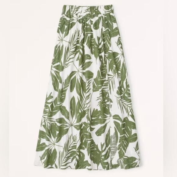Abercrombie & Fitch Womens S Green Tropical Leaf Print Linen Blend Maxi Skirt - Picture 3 of 10